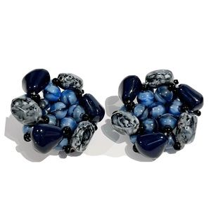 Vintage Marbled Blue Beaded Flower Clip On Earrings Royal Blue Gold Floral 1980s